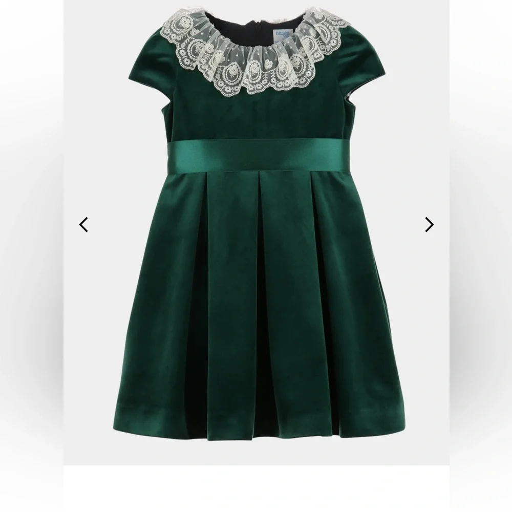 Luli & Me Girl's Pleated Velvet Lace-Collar Dress - Picture 3 of 4
